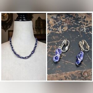 Vintage Purple Blue Marbled Bead Necklace & Dangle Clip-On Earrings Set